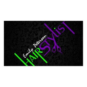 Small Bold Black Green And Purple Hair Stylist Text 2 Business Card Front View