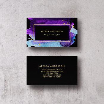 bold watercolor splash with faux gold look accents business card