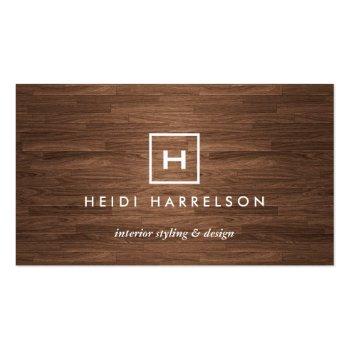 Small Box Logo With Your Initial/monogram On Brown Wood Business Card Front View