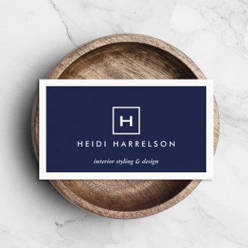 box logo with your initial/monogram on dark blue business card