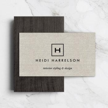 box logo with your initial/monogram on tan linen business card