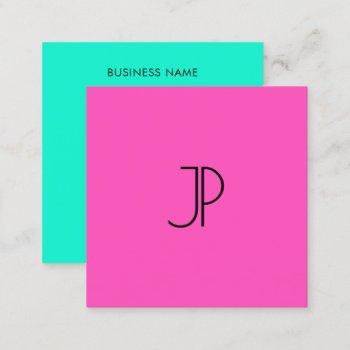 bright neon pink green modern elegant monogram square business card