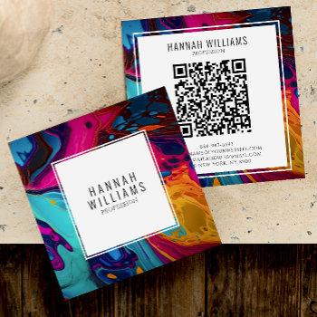 bright orange blue qr code colorful marble pattern square business card