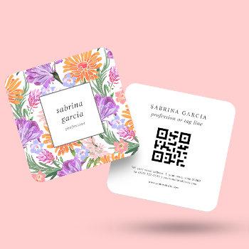 brilliant flowers | violet blue orange qr code  square business card