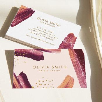 Small Burgundy & Gold Modern Artistic Brush Texture  Business Card Front View