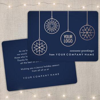 business logo snowflake ornaments navy blue & real foil holiday card