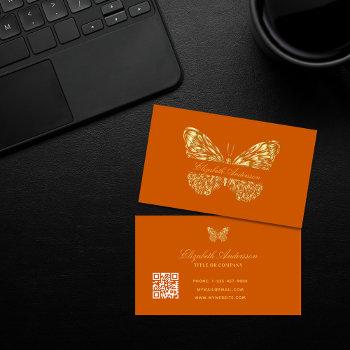 butterfly burnt orange gold qr code elegant business card
