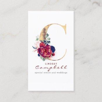 c monogram burgundy gold and navy blue floral business card
