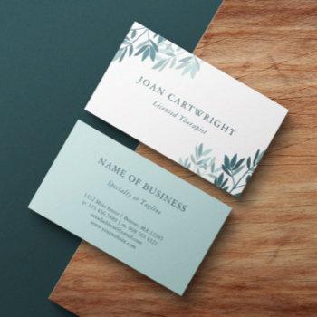 calm teal greenery leaves - therapist business card