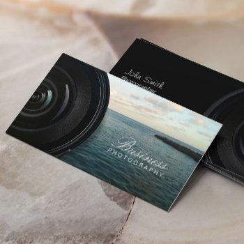 Small Camera Lens Ocean Landscape Photography Business Card Front View
