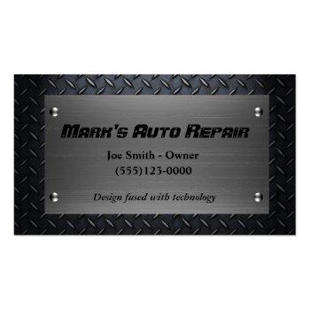 Small Car Auto Diamond Plate Mechanic Repair Service Business Card Front View