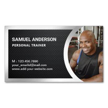 carbon fiber silver fitness personal trainer photo business card magnet