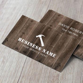 carpenter hammer logo rustic wood background business card