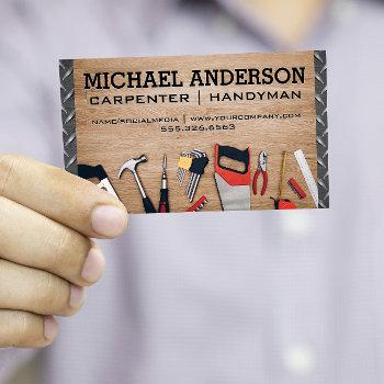 carpenter tools on wooden table | metal steel business card