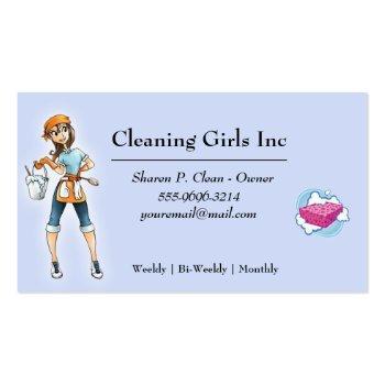 Small Cartoon Girl House Cleaning Service Business Card Front View