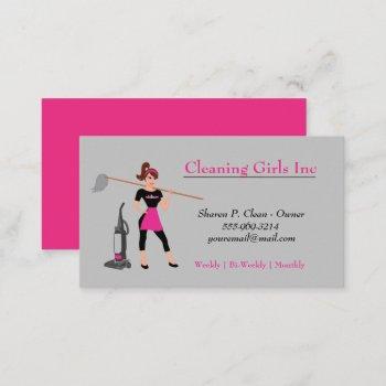 cartoon girl with mop house cleaning service business card