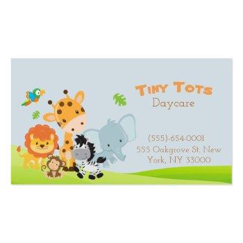 Small Cartoon Safari Animal Daycare Childcare Business Card Front View