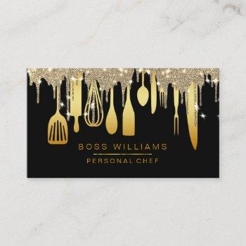 catering personal chef gold drips kitchen utensils business card