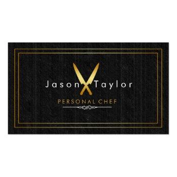 Small Catering Retro Black Wood Chef Gold Knife Crossed Business Card Front View