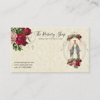 catholic rosary pink red roses virgin mary  business card