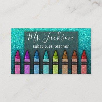chalkboard teacher's name rainbow glitter crayons business card
