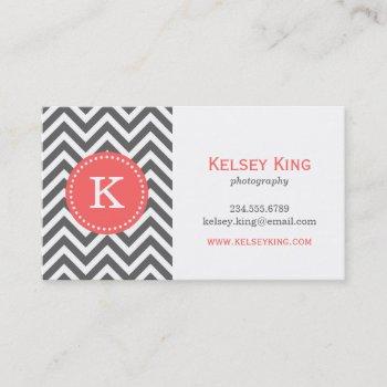 charcoal gray and coral chevron custom monogram business card