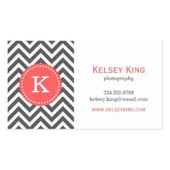 Small Charcoal Gray And Coral Chevron Custom Monogram Business Card Front View