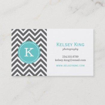 charcoal gray and turquoise chevron monogram business card