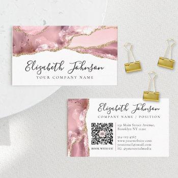 chic blush pink gold glitter agate marble qr code business card