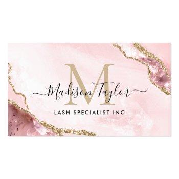 Small Chic Blush Pink Gold Glitter Marble Agate Monogram Business Card Front View