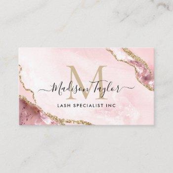 chic blush pink gold glitter marble agate monogram business card