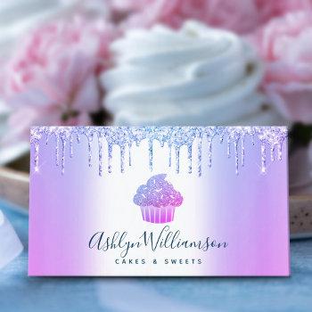 chic cupcake bakery chef glitter drips purple blue business card