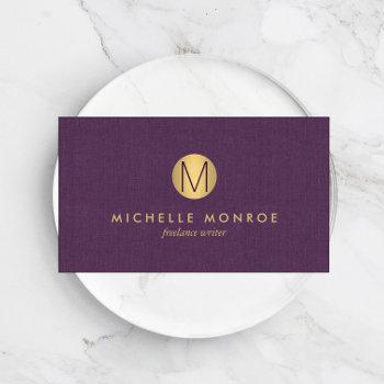 chic faux gold minimalist monogram purple linen business card