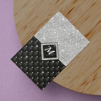 chic girly faux glitter silver black monogram  business card magnet