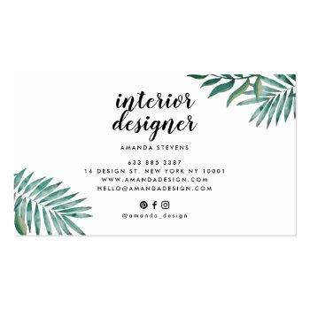 Small Chic Gold Foil White Tropical Green Watercolor Business Card Back View