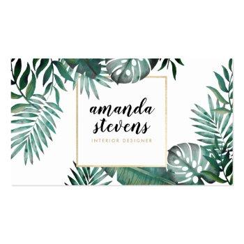 Small Chic Gold Foil White Tropical Green Watercolor Business Card Front View