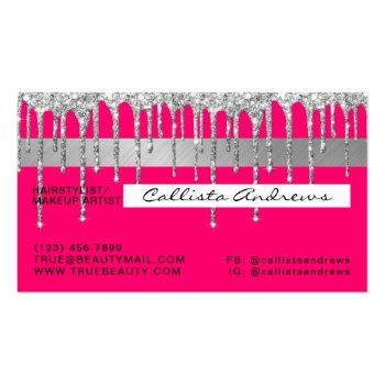 Small Chic Neon Pink Silver Glitter Drips Credit Business Card Back View