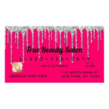 Small Chic Neon Pink Silver Glitter Drips Credit Business Card Front View