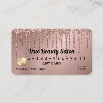Small Chic Rose Gold Metallic Glitter Drips Gift Credit Business Card Front View