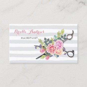 chic silver scissors hairstylist stripes and roses business card