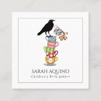 children's books author whimsical crow & tea cups square business card