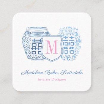 chinoiserie chic blue and pink mommy calling square business card