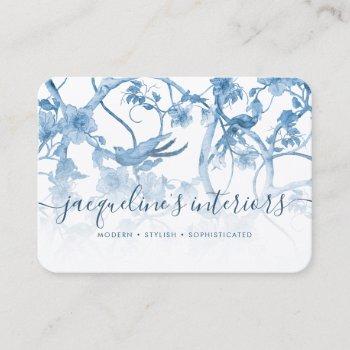 chinoiserie elegant floral dusty blue vintage bird business card