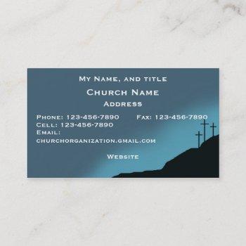 church/pastor card, 3 crosses on hill, blue sunset business card