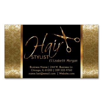 classy black and gold damask hair stylist business card magnet