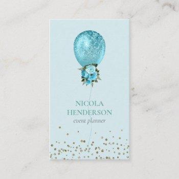 classy turquoise balloon glitter event planner business card