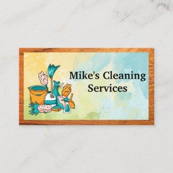 cleaning house services tools | watercolor | wood  business card