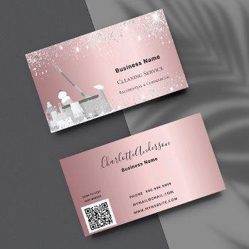 cleaning service blush pink silver glitter dust qr business card