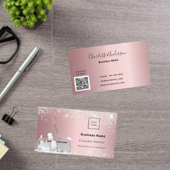 Small Cleaning Service Blush Silver Glitter Dust Logo Qr Business Card Front View
