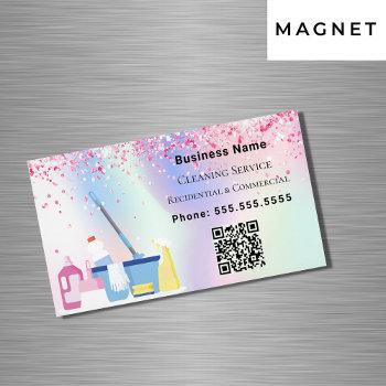 Small Cleaning Service Pink Holograpgic Qr Code Business Card Magnet Front View
